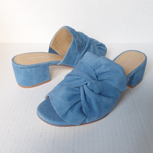 Chinese Laundry Marlowe Blue Kid Suede Block Heeled Slip-On Mule Slides Sz 6.5 - Picture 15 of 16
